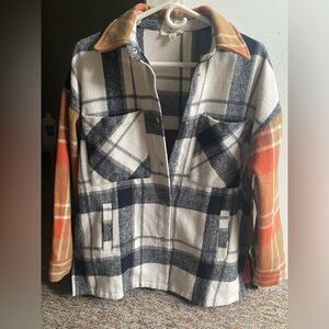 Fall Flannel Black White and Orange Brown Plaid Oversized with Pockets